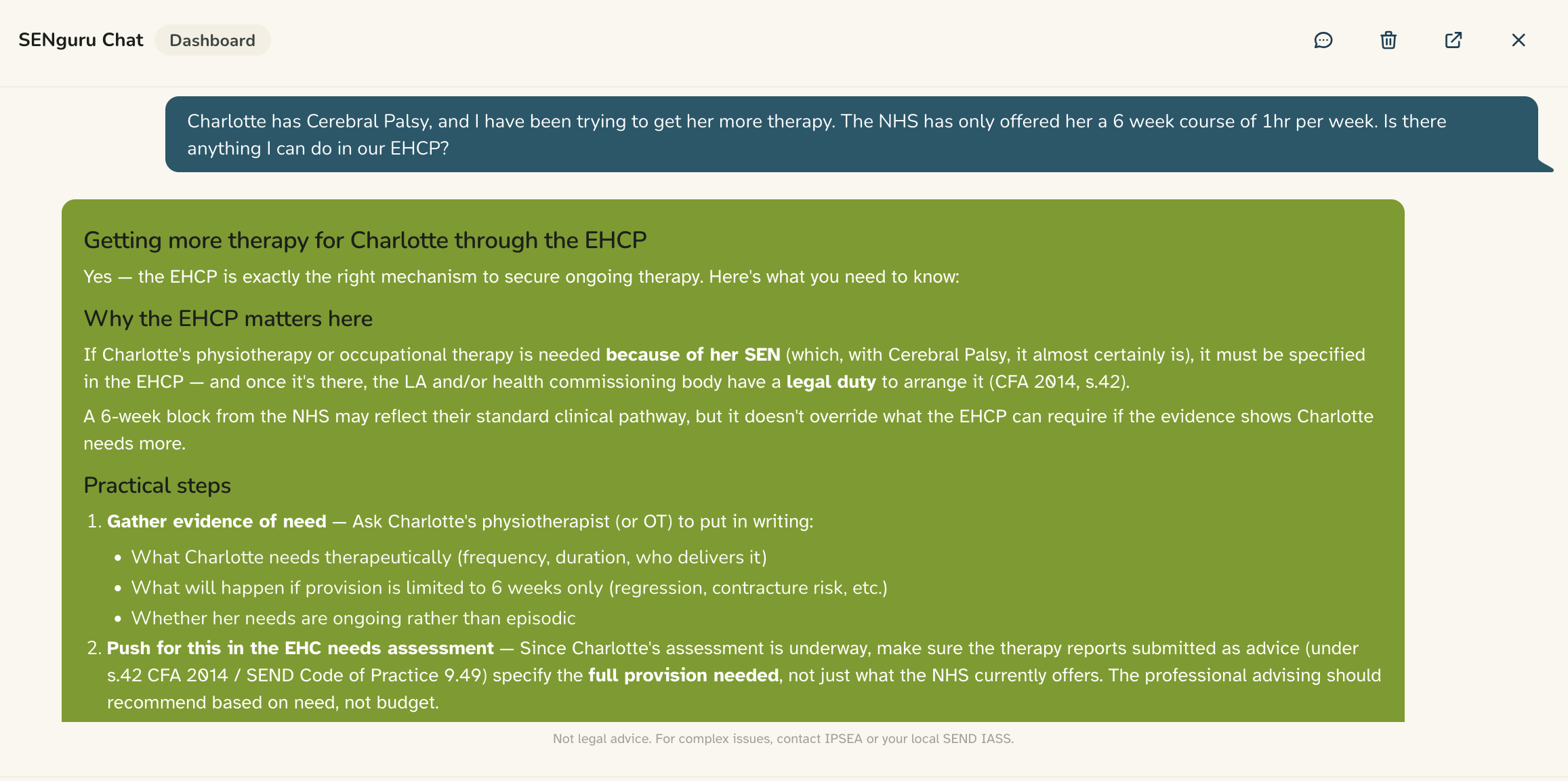 Ask SENguru anything, explaining how to secure ongoing therapy through an EHCP, citing the Children and Families Act and the SEND Code of Practice.