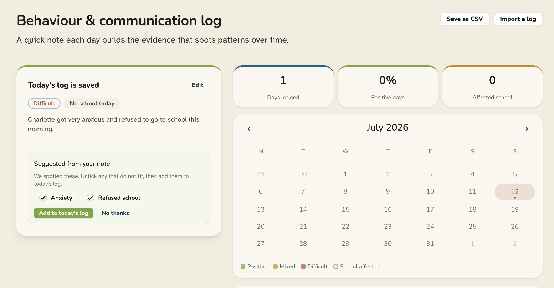 SENguru's behaviour and communication log, with a monthly calendar and quick daily notes.