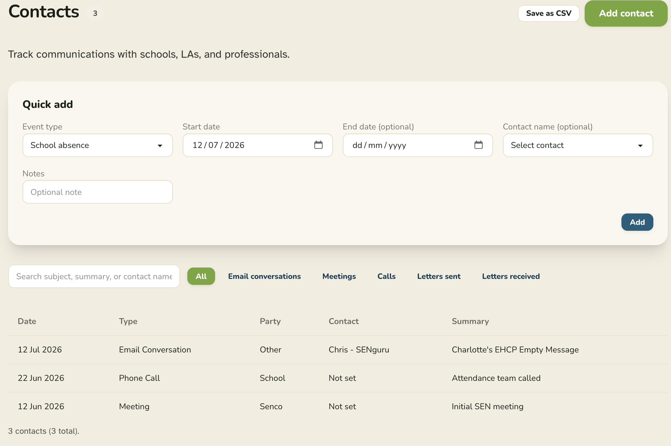 SENguru's contact log, listing calls, meetings and emails with schools and the Local Authority.