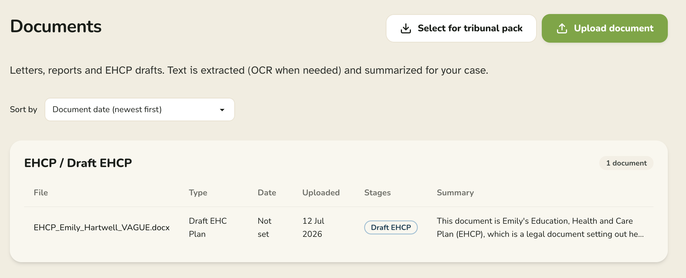 SENguru's document library, with each file summarised and tagged by EHCP stage.